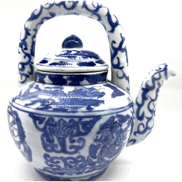 VTG Chinese Teapot Porcelain Upright Handle S Shaped Spout with Dragon Design - Picture 1 of 11